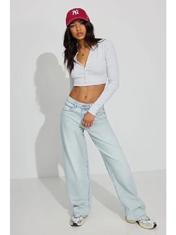 Madmext Gri Uzun Kollu Düğmeli Kaşkorse Crop Hırka Mg2193