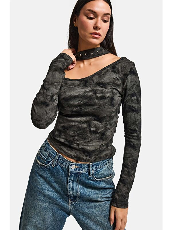 It's Basic Kadın Siyah Antrasit w5 Asimetrik Kesim Özel Kumaş Tasarım Crop Top