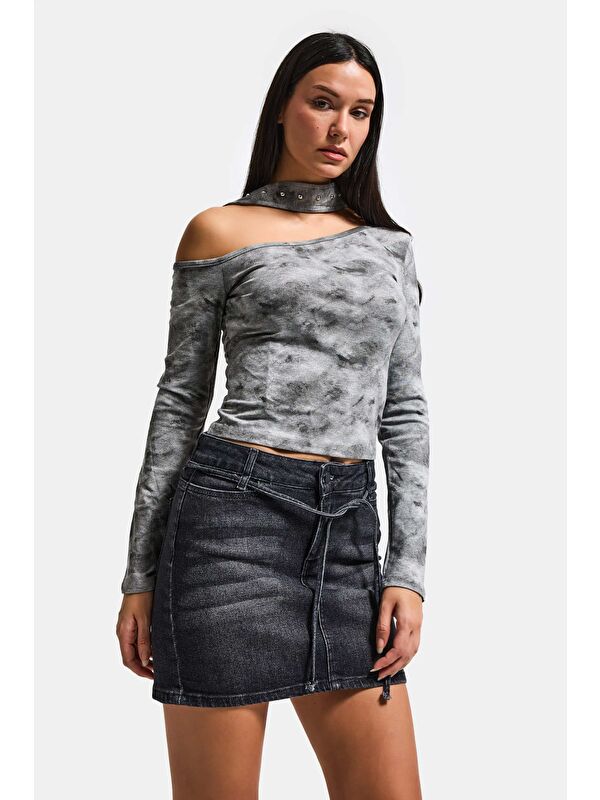 It's Basic Kadın Gri w5 Asimetrik Kesim Özel Kumaş Tasarım Crop Top