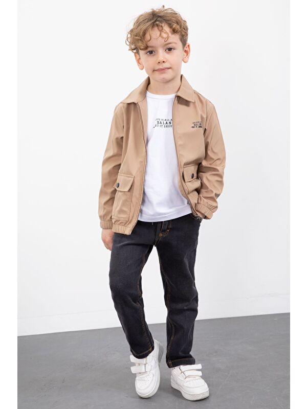 Cansın Mini Kahverengi Çıtçıt Cepli Ceketli Jean Pantolonlu Erkek Çocuk 3lü Takım 23384