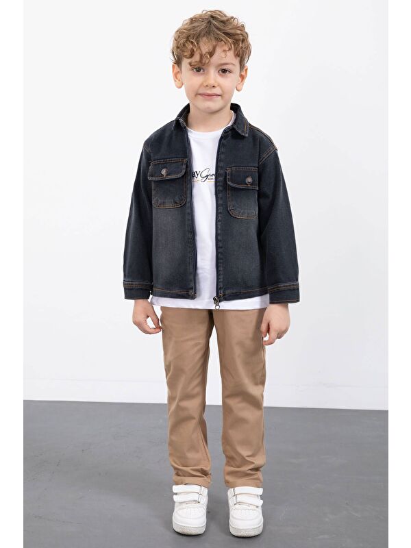 Cansın Mini Füme Fermuarlı Jean Ceketli Erkek Çocuk Pantolonlu 3lü Takım 23389