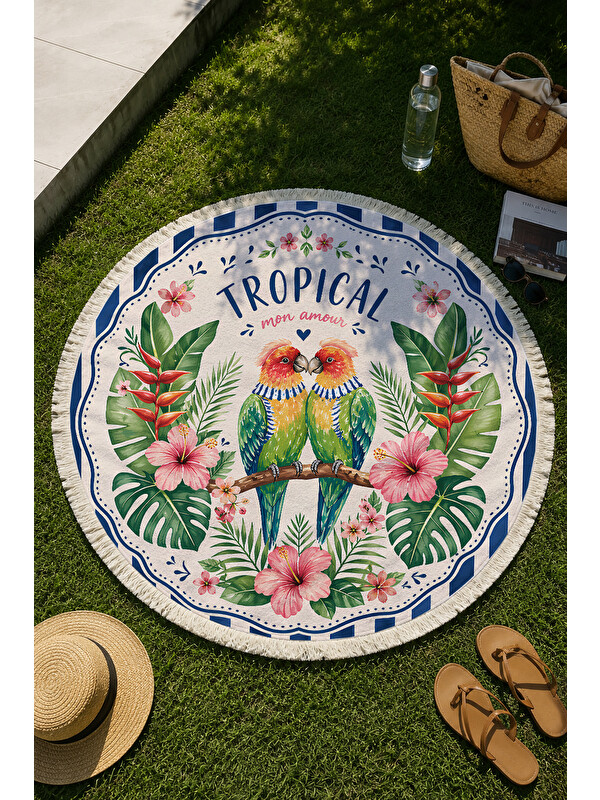 Milbay Grup Yuvarlak Plaj Havlusu 150 Cm Tropical Papağan Desenli Baskılı Plaj Havlusu