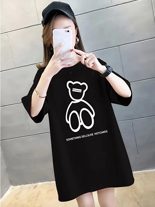 Jane's Baskılı Oversize Bisiklet Yaka T-shirt - Siyah
