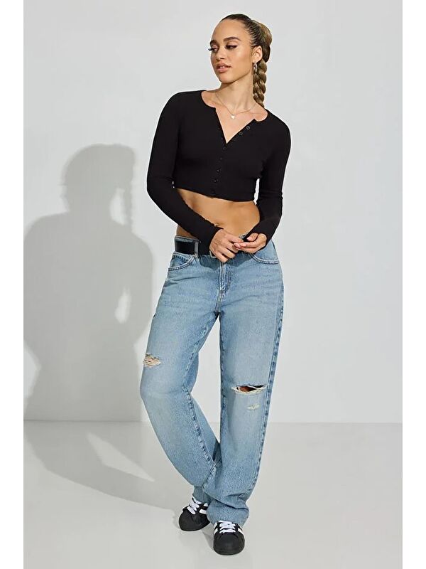 Madmext Siyah Uzun Kollu Düğmeli Kaşkorse Crop Hırka Mg2193