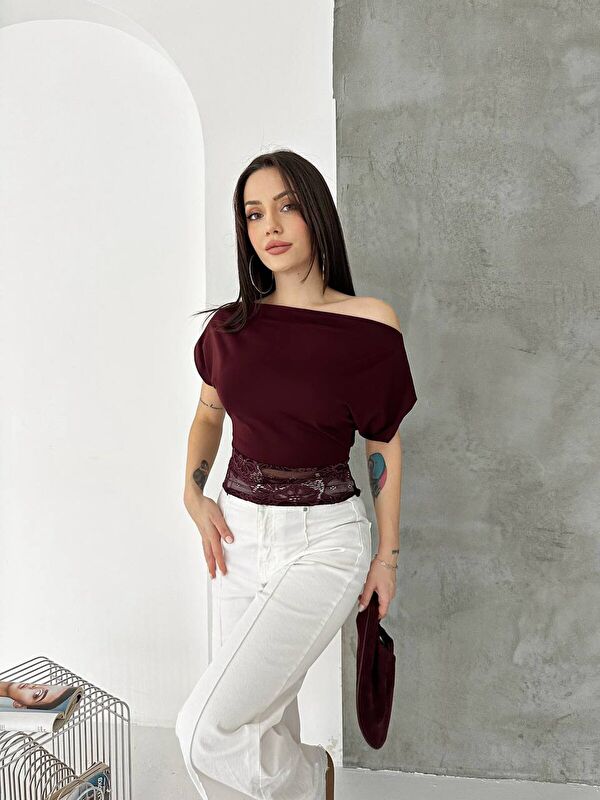 carla10 Bordo Tek Omuz Drapeli Dantel Detaylı Kadın Bluz