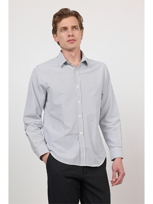 İMZA Sert Yaka Uzun Kol Cepsiz Slim Fit Pamuklu Gömlek 1004260214