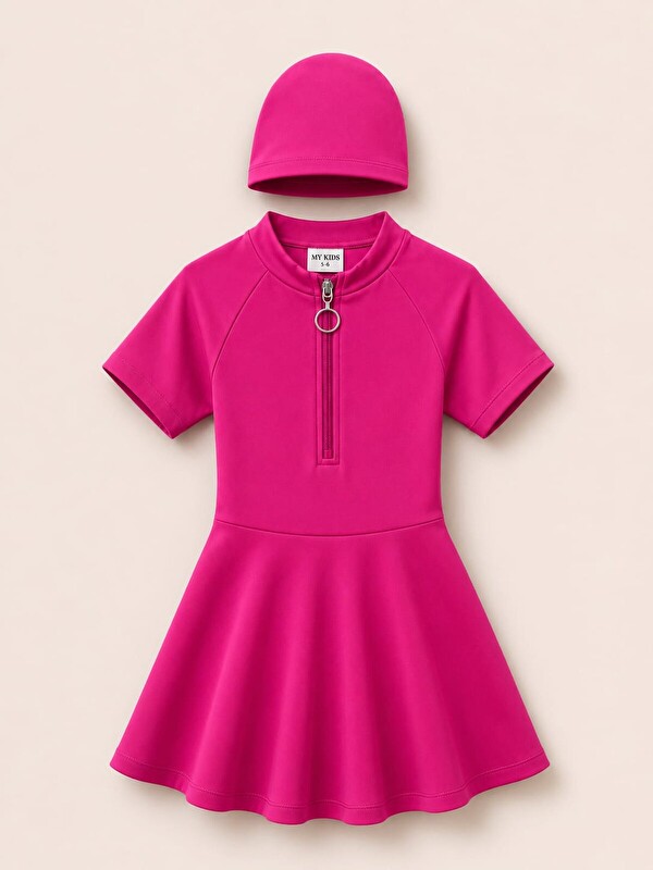 My Kids Wear Kız Çocuk Kısa Kollu Fermuarlı Mayo UV Korumalı Deniz ve Havuz Mayosu 12850