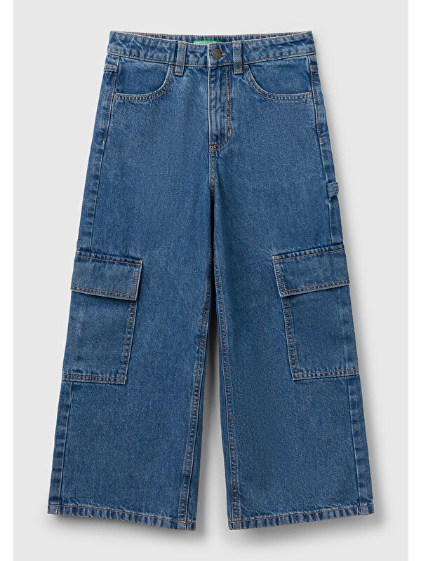 United Colors Of Benetton Kız Çocuk Denim Taş Yıkama Wide Fit Kargo Denim Pantolon