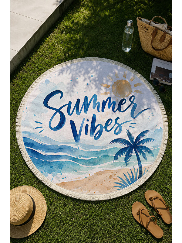 Milbay Grup Yuvarlak Plaj Havlusu 150 Cm Summer Vibes Yazılı Palmiye Desenli Baskılı Plaj Havlusu