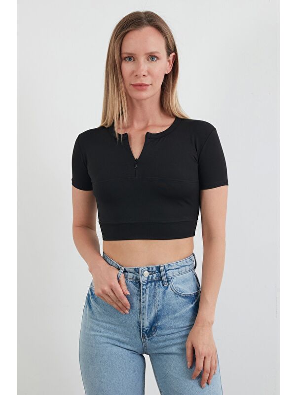 Fullamoda Basic Yarım Fermuarlı Dalgıç Kumaş Crop Tişört