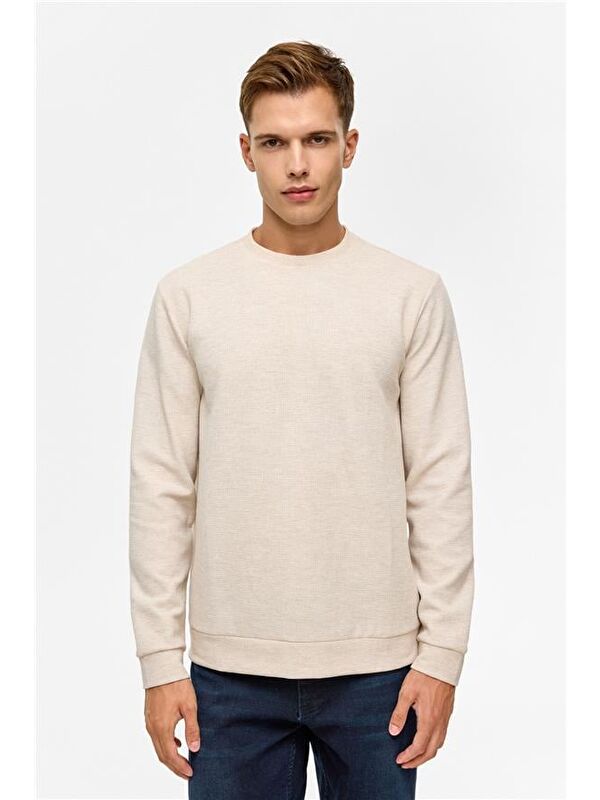Süvari Bej Regular Düz Bisiklet Yaka Sweatshirt
