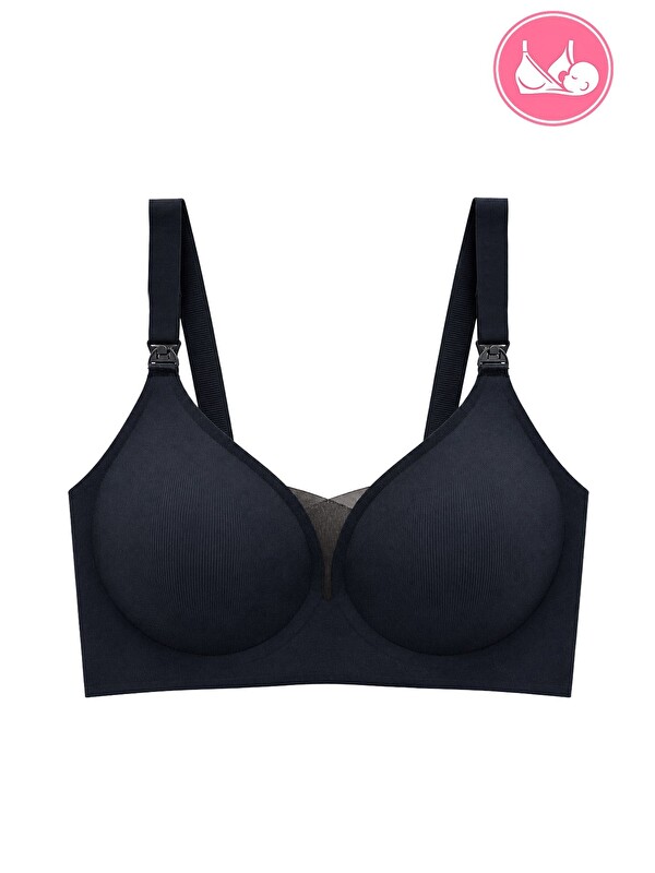 Cottonhill Seamless Bra - Nuvia |Siyah Lazer Kesim Klipsli Önden Açılabilir Rib Dokulu Dikişsiz Emzirme Sütyeni