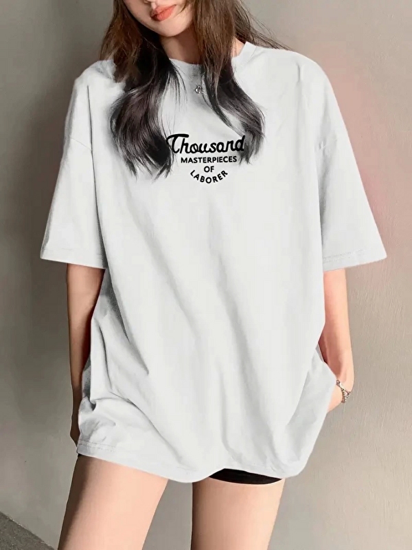 Jane's Thousand Baskılı Oversize Bisiklet Yaka T-shirt - Beyaz