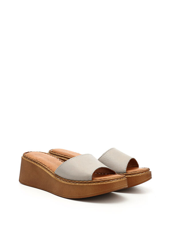 Kadın KREM Dolgu Taban Hakiki Deri Terlik - Görsel 3