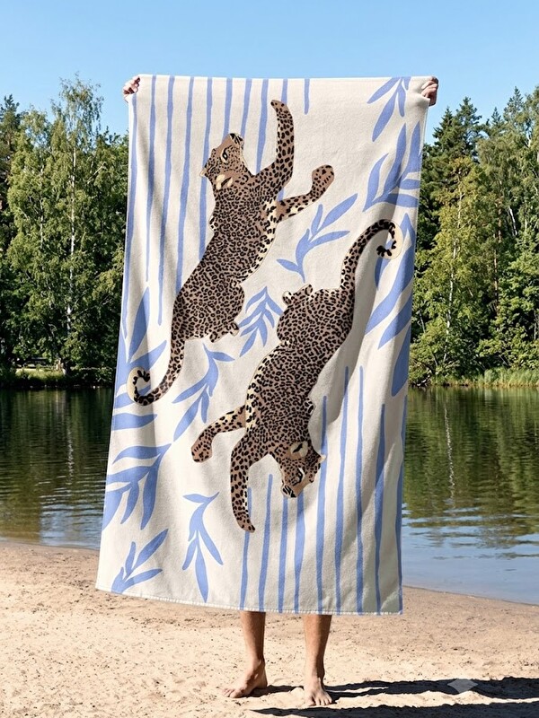 Asdiva Mavi Beyaz Çizgili Çift Leopar Figürlü Estetik Havuz Ve Plaj Havlusu 75x150