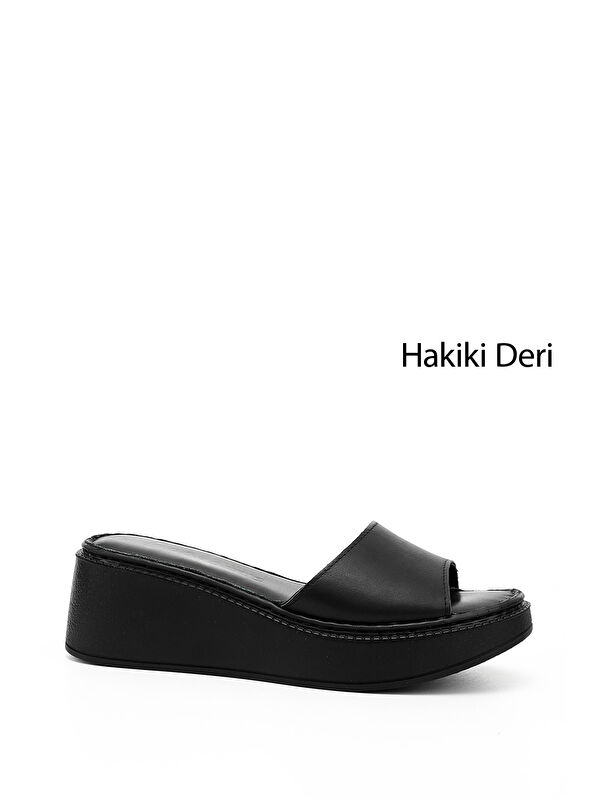 GÖNDERİ(R) Kadın ZÜMRÜT-SİYAH Dolgu Taban Hakiki Deri Terlik