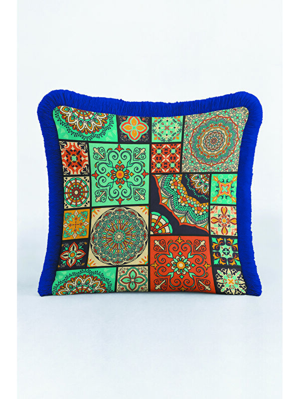 Milbay Grup Ornamental Patchwork Saçaklı Yastık Kılıfı - Mandala Bohem Turkuaz Lacivert Püsküllü Kırlent Kılıfı
