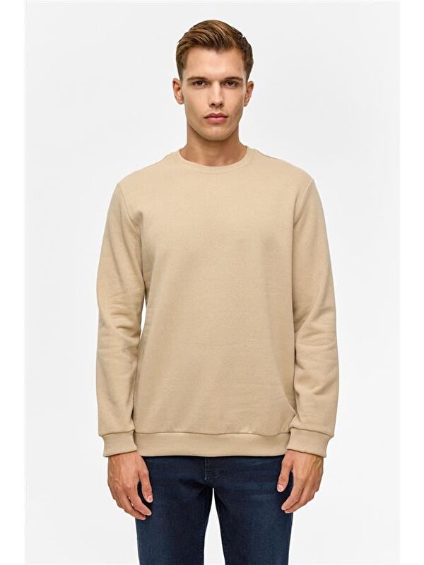 Süvari Bej Regular Düz Bisiklet Yaka Sweatshirt