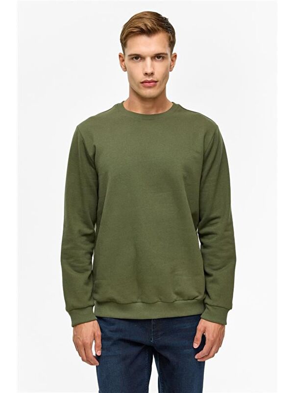Süvari Haki Regular Düz Bisiklet Yaka Sweatshirt
