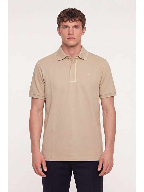 Sabri Özel Erkek Kum Dar Kesim Slim Fit %100 Pamuk Pike Polo Yaka T-Shirt