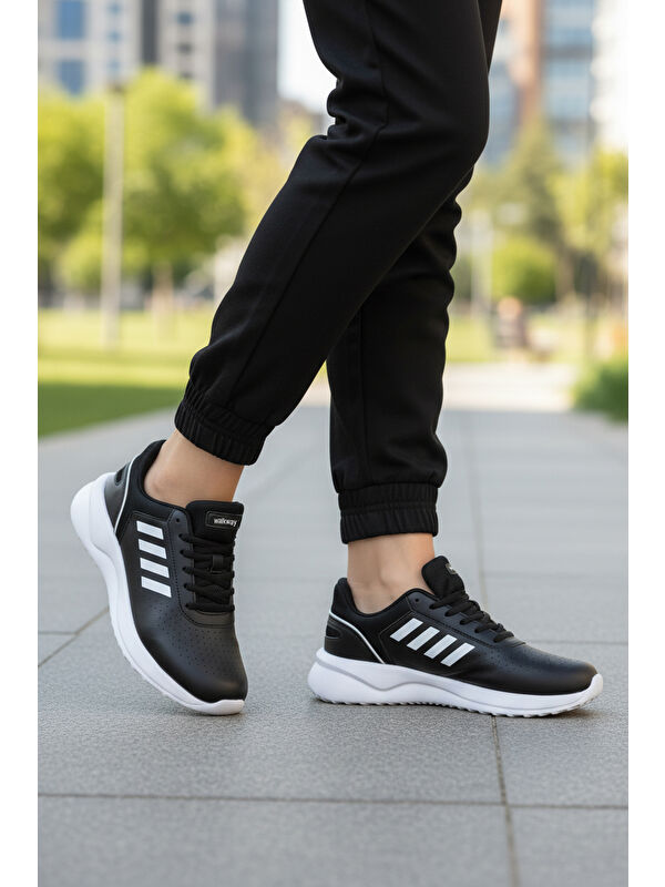 Siyah Beyaz Bağcıklı Hafif Esnek Unisex Spor Ayakkabı Nereus G - Görsel 4