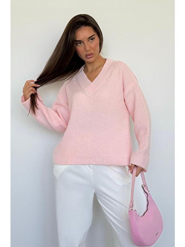 Madmext Pembe V Yaka Triko Kadın Kazak Mg2501