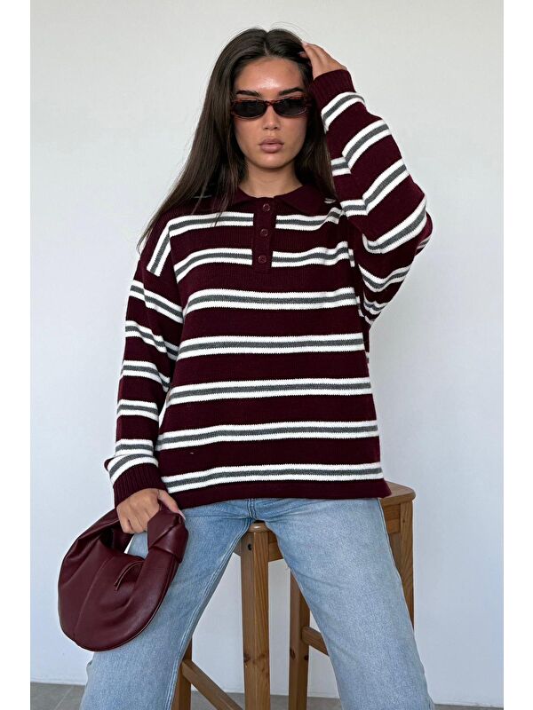 Madmext Bordo Polo Yaka Çizgili Kadın Triko Kazak Mg2469