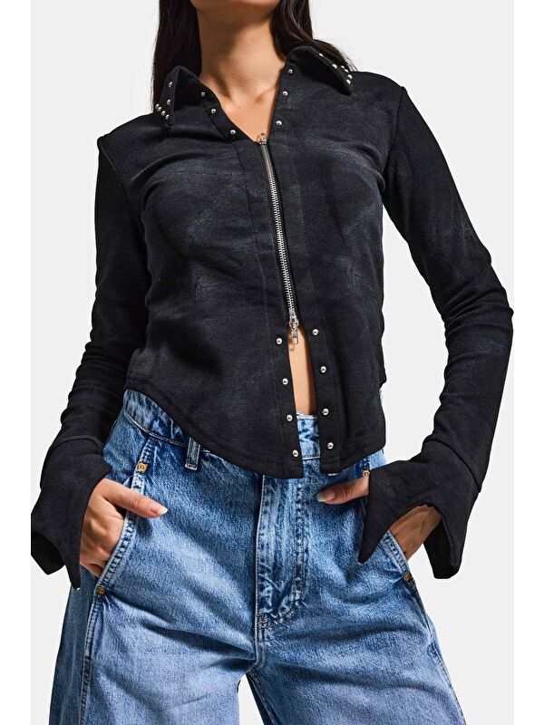 It's Basic Kadın Siyah w5 Fermuar ve Drop Detaylı Özel Tasarım Crop Top
