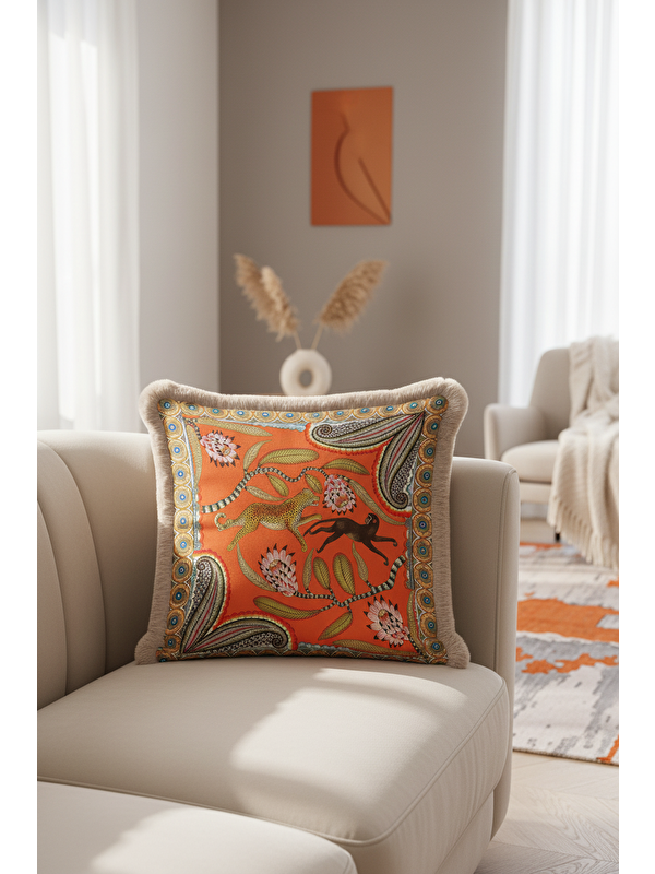 Milbay Grup Egzotik Hayvan Motifli Saçaklı Yastık Kılıfı - Tropikal Bohem Turuncu Gold Püsküllü Kırlent Kılıfı