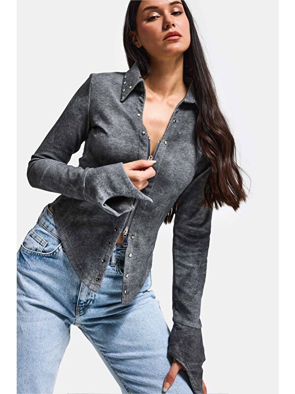 It's Basic Kadın Gri w5 Fermuar ve Drop Detaylı Özel Tasarım Crop Top