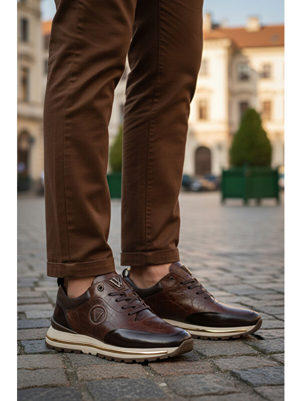 Kahve Hakiki Deri Bağcıklı Erkek Sneaker M112 M - Görsel 4