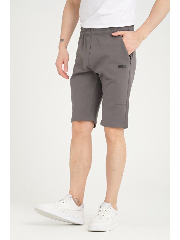 Shooter Sportswear Füme Erkek Şort Minimal Baskı Detaylı Gizli Fermuar Cep Regular Kalıp