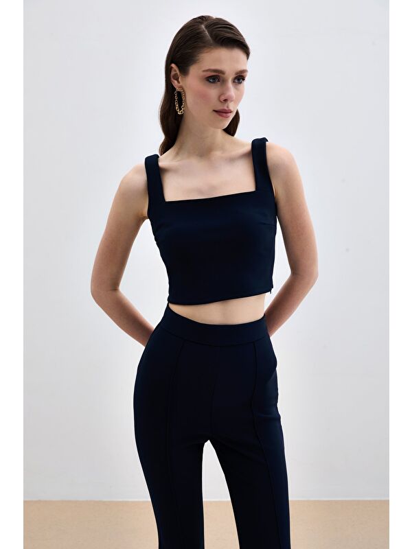 SATEEN Kare Yaka Crop Bluz - Lacivert