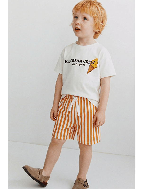 Magu Unisex Çocuk Pamuklu Beyaz Dondurma Baskılı T-Shirt Ve Çizgili Şort Takım - Yazlık