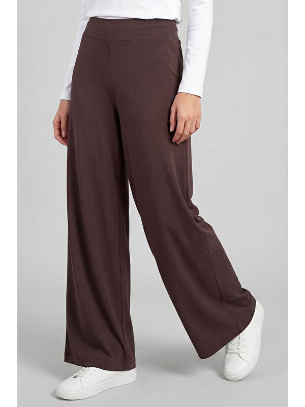 Tommylife Kahverengi Comfort Fit Geniş Paça Korsajlı Palazzo Kadın Pantolon - 94681