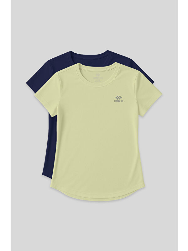 Tommylife Standart Kalıp O Yaka 2li Paket İndigo-Limon Kadın T-Shirt - 97144