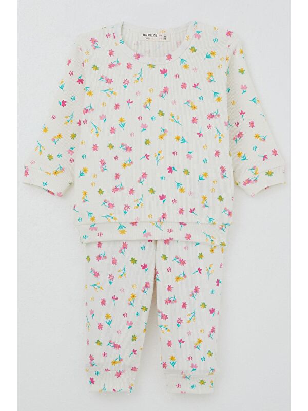 Breeze Kız Bebek Pijama Takımı Omuzdan Patlı Renkli Çiçek Desenli Ekru (4-6 Ay)