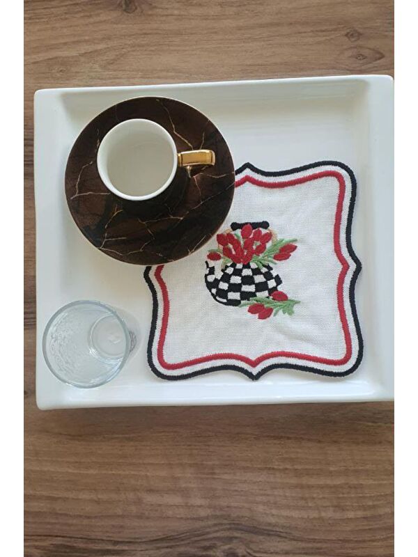 Çeyiz Diyarı Çaycım Nakışlı Keten Kare Bardak Altlığı Seti 6 Lı