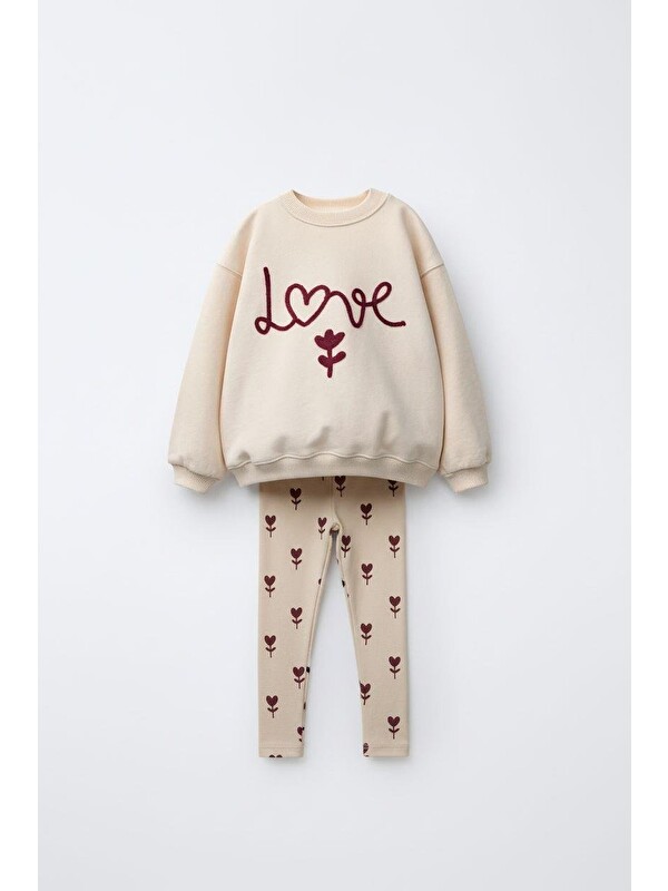 Magu Kız Çocuk Pamuklu Krem Kalp-Çiçek Desenli Sweatshirt & Tayt Takım