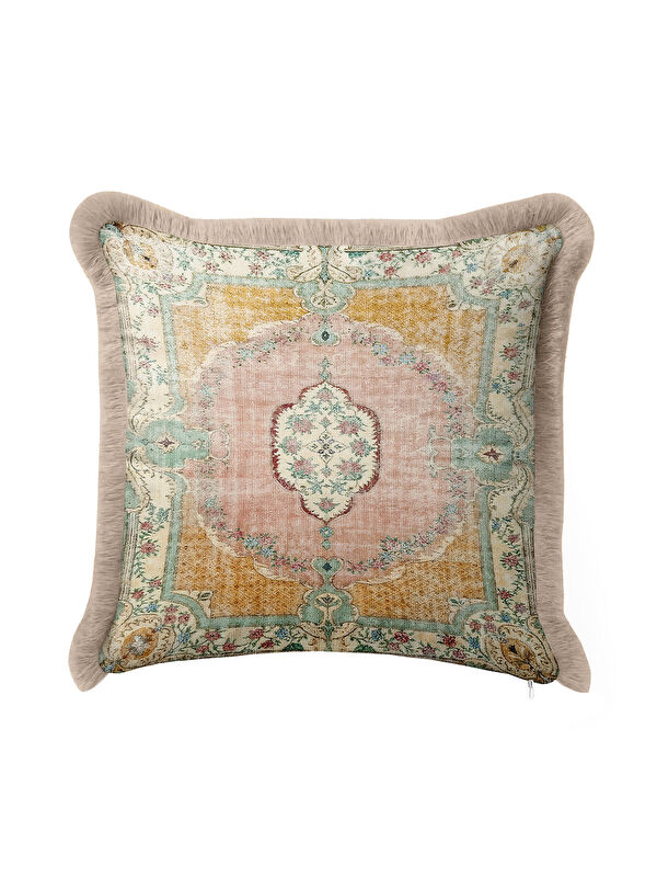 Milbay Grup Saray Işıltılı Saçaklı Yastık Kılıfı - Vintage Halı Motifli Country Pastel Püsküllü Kırlent Kılıfı
