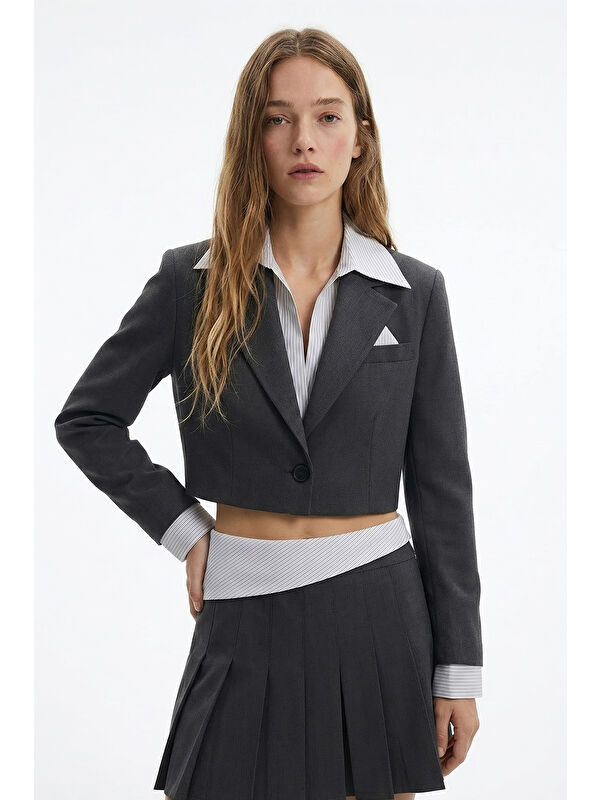 QUZU Gömlek Yaka Garnili Crop Blazer Ceket Antrasit