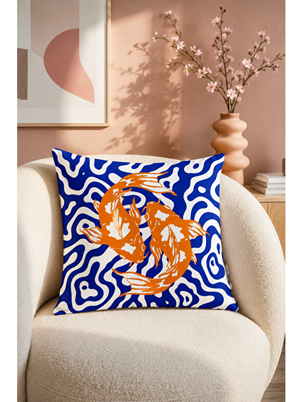 Evmila Koi Balığı Mavi Turuncu Desenli Dekoratif Kırlent Kılıfı Modern Salon Dekoru 43x43 cm