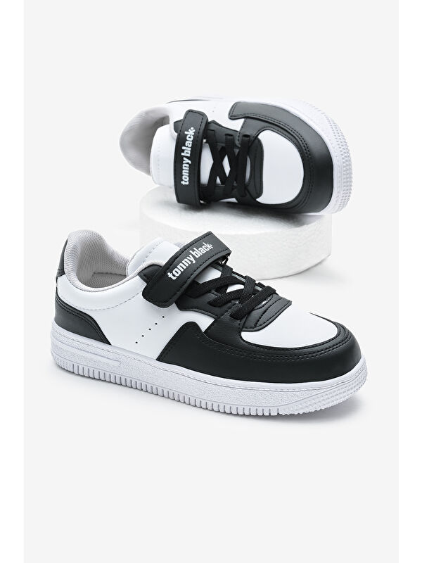 Çocuk Unisex Beyaz Siyah Termo Taban Cırtlı Lastik Bağcıklı Spor Ayakkabı - Görsel 2