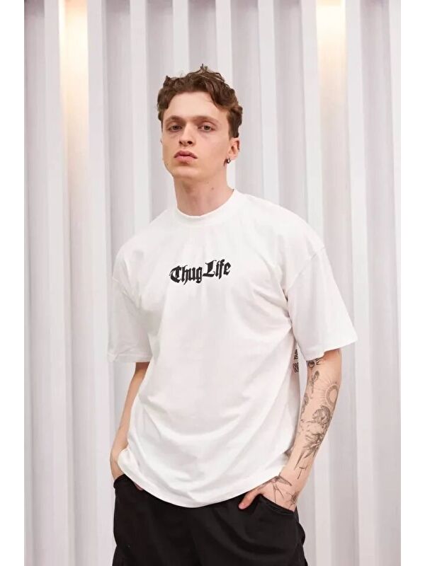 Jane's Unisex Bisiklet Yaka Baskılı Oversize T-Shirt - Beyaz