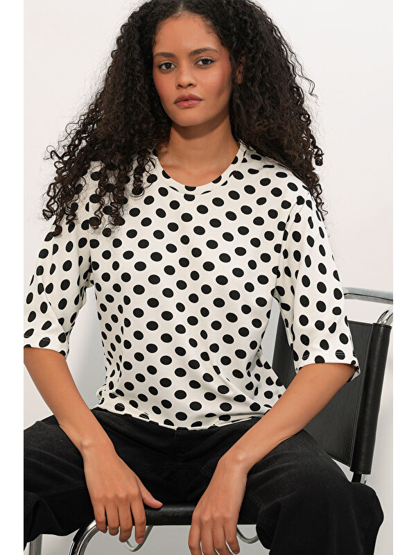 Bigdart Kadın Oversize Puantiyeli Bluz 40020 - Beyaz