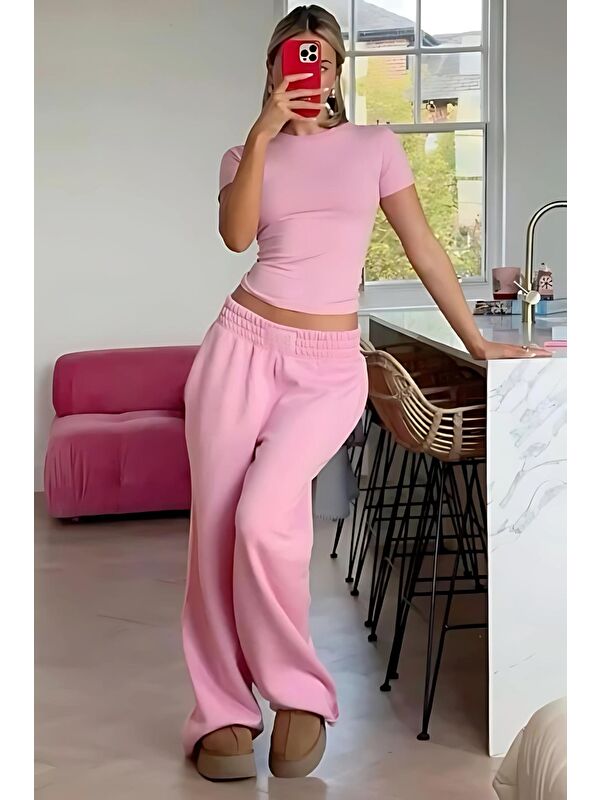 Madmext Pembe Bisiklet Yaka Basic Kadın Tişört Mg1725