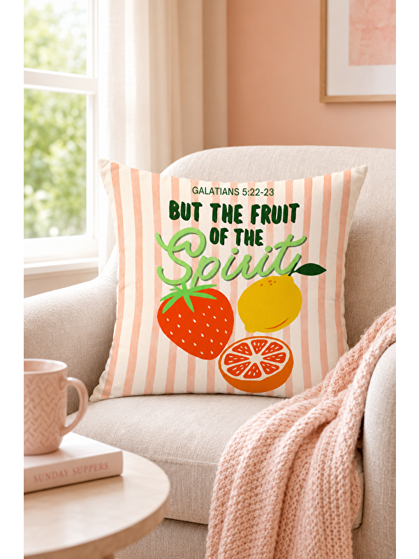 Evmila Fruit Of The Spirit Meyve Yazı Baskılı Dekoratif Kırlent Kılıfı Modern Dekor 43x43 cm