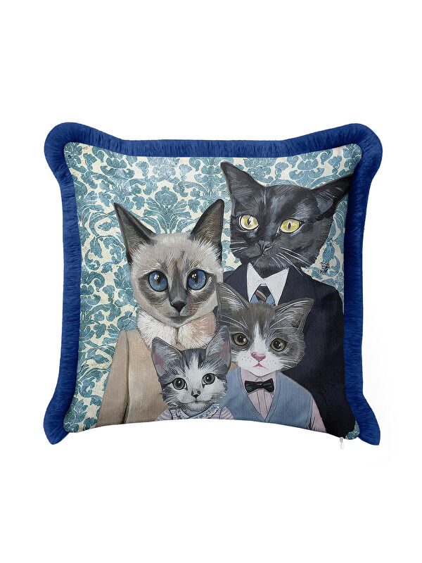 Milbay Grup Royal Kedi Ailesi Saçaklı Yastık Kılıfı - Vintage Bohem Mavi Püsküllü Kırlent Kılıfı