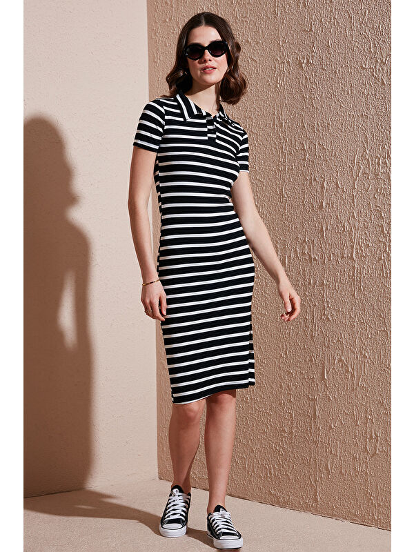 Lela Streç Slim Fit Düğmeli Polo Yaka Kısa Kollu Mini Boy Çizgili Kadın Elbise 5866167