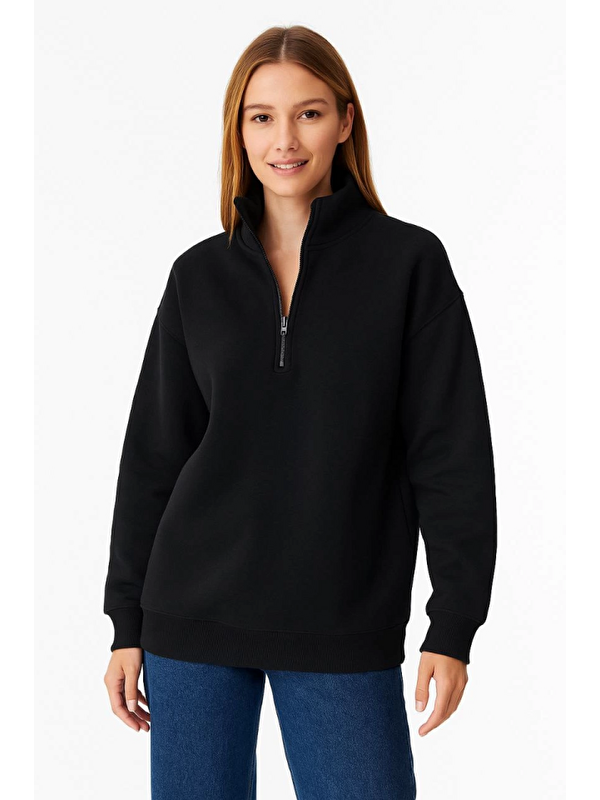 Jane's Üç İplik Dık Yaka Yarım Fermuarlı SweatShirt - Siyah